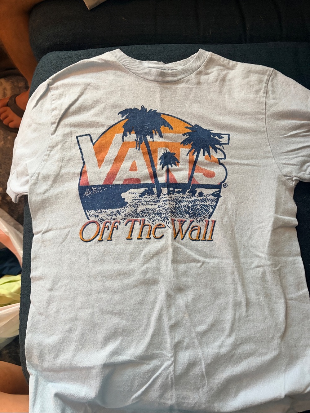 Vans White Tee with Blue Palm & Orange Sunset Graphic